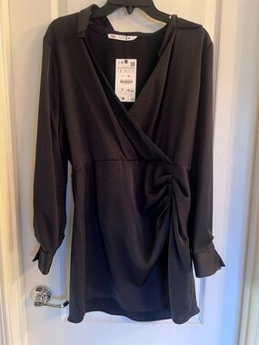 ZARA Black Wrap-Front Long Sleeve Mini Dress